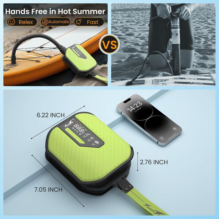 Акумуляторний насос TowerTop Sup Pumpe 10500mAh для SUP-дошки, авто та каяків, 50 PSI, 12V двоступеневий (накачування та випускання) з 8 насадками