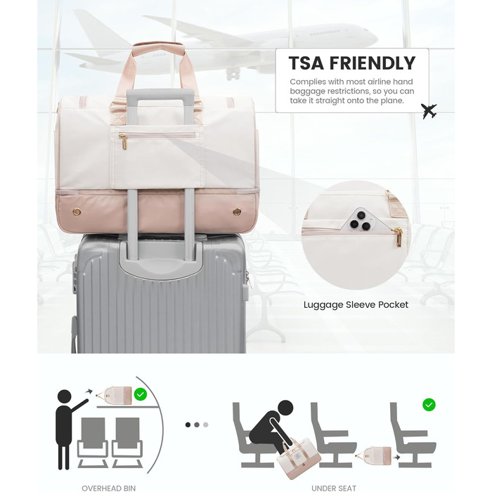 Сумка-валіза LOVEVOOK для жінок, 37L, для подорожей, вихідної подорожі, пологового будинку з косметичкою, відділенням для взуття та мокрих речей, водонепроникна спортивна сумка, Gym Yoga Bag, ручна поклажа для спорту, відпустки, літака, бежево-рожева