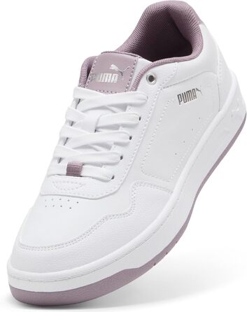 Жіночі кросівки PUMA Court Classy Basic — білі зі сріблястими та сливовими деталями, розмір 39 EU