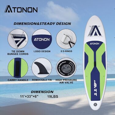 Надувний SUP (Stand Up Paddle Board) ATONON GREEN з аксесуарами | Для початківців, підлітків та дорослих | Широкий, з антиковзким покриттям та нижніми плавниками для контролю в серфінгу
