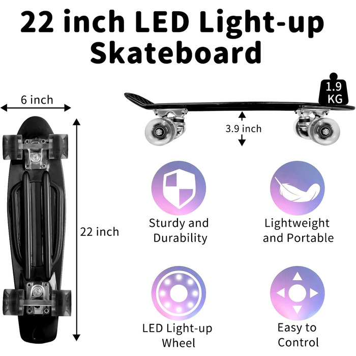 Скейтборд BELEEV 22 дюйми Mini Cruiser з LED колесами та T-інструментом для початківців (Чорний)