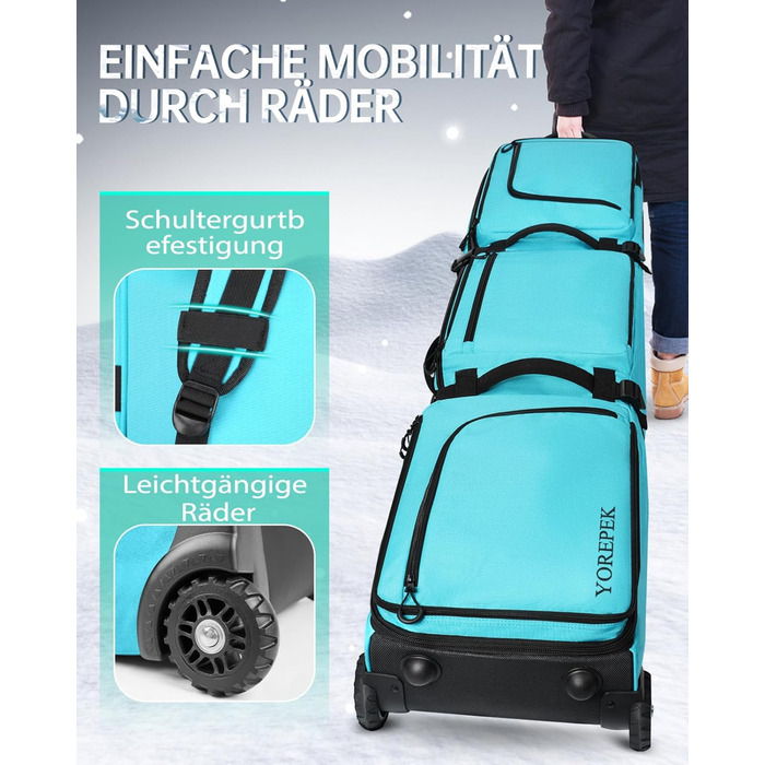 Чохол для сноуборду YOREPEK з колесами, водонепроникний, з 6 кишенями для сноуборду та лиж, розширюваний, 170 см, для подорожей літаком (Світло-блакитний)