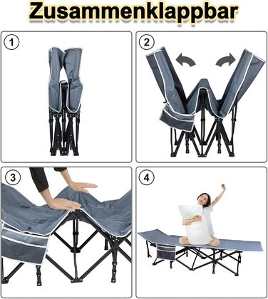 Розкладне ліжко VA-Cerulean для кемпінгу та відпочинку: міцне, легке, з кишенею та сумкою для транспортування (250 кг, 190x62x38 см)