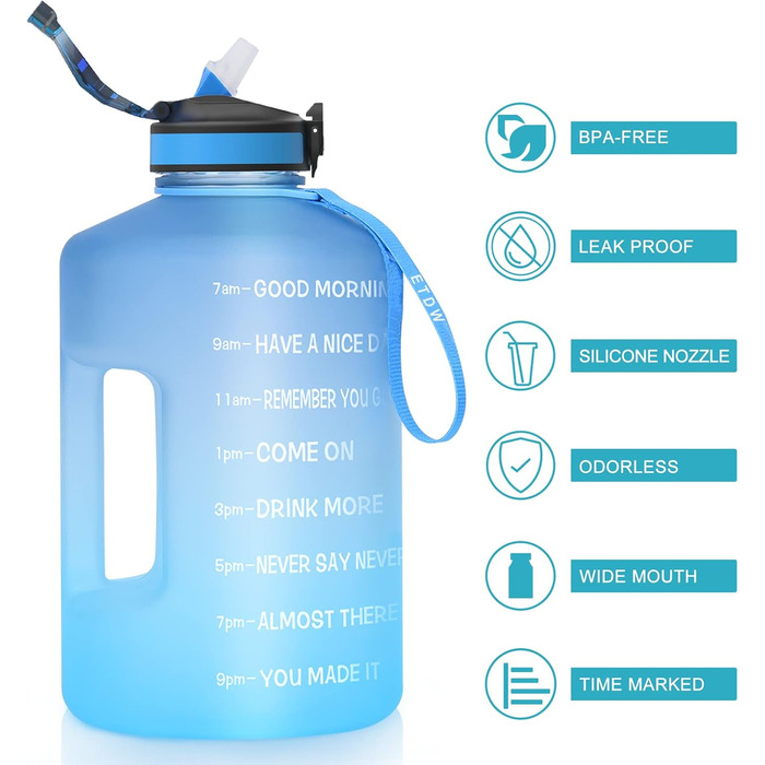 Спортивна пляшка для води 3,78 л з позначеннями часу та трубочкою, BPA Free, витокозахисна, блакитна (3800 мл)