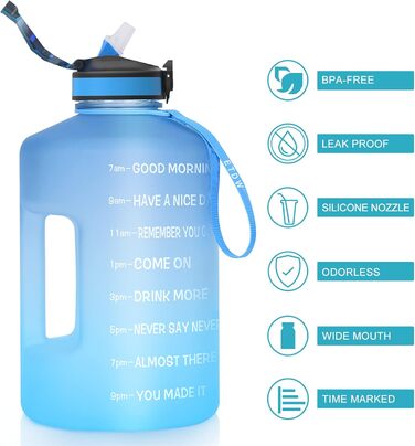 Спортивна пляшка для води 3,78 л з позначеннями часу та трубочкою, BPA Free, витокозахисна, блакитна (3800 мл)