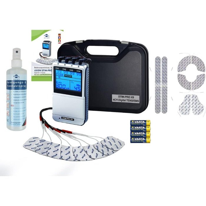 Пристрій TENS EMS STIM-PRO X9+ з 4 каналами та 8 електродних пелюшок 5x5 см для болісної терапії, масажу та нарощування м'язів. 4 канали, STIM-PRO X9+, axion® (2) X9, сертифікований медичний пристрій.