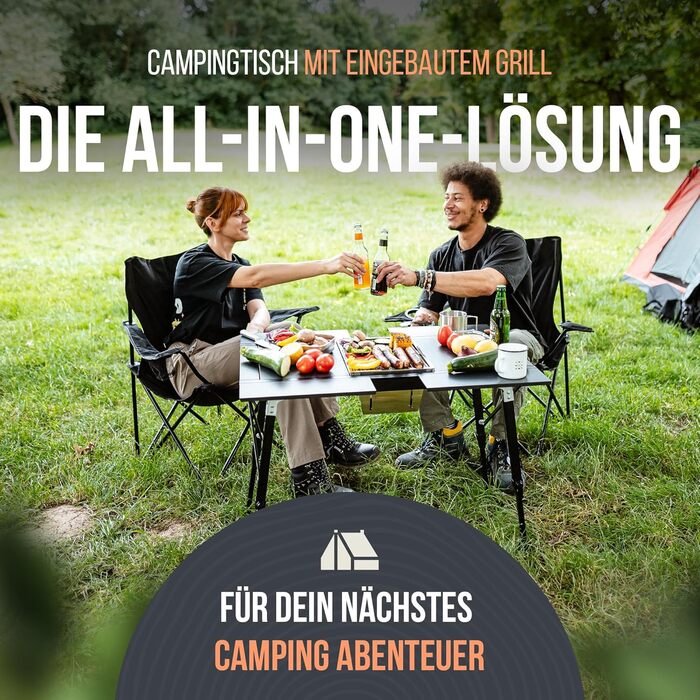 Преміум туристичний стіл Castra з інтегрованим грилем – алюміній 7075, регульована висота, для відпочинку на природі, вологостійкий, інноваційна складна система, багатофункціональний стіл та аксесуари для кемпінгу, саду, подорожей та риболовлі