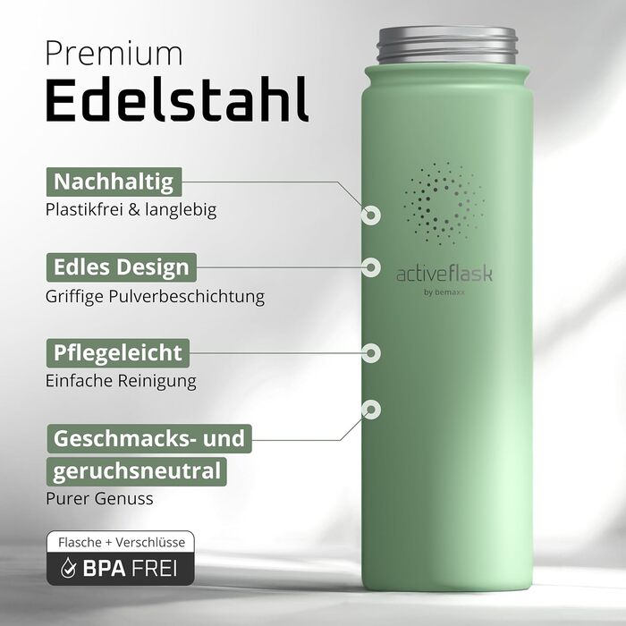 Фляга ACTIVE FLASK з нержавіючої сталі з трубочкою (3 кришки), BPA-free, не протікає, підходить для газованої води - спортивна пляшка, термопляшка, ізотермос, фляга для дітей, чай (680 мл, Sage)