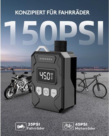 ZIMONDA Міні-електропомпа 150PSI з LED-дисплеєм, портативний бездротовий повітряний компресор для швидкого накачування шин мотоциклів, велосипедів та електровелосипедів