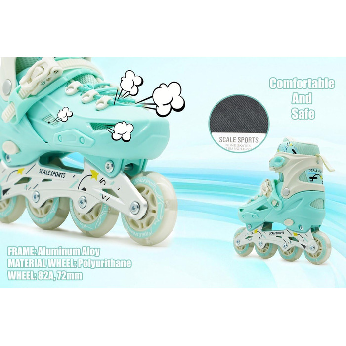 Регульовані роликові ковзани з підсвічуванням коліс - дитячі та дорослі ролики (L (5-7 UK), м'ятний колір)