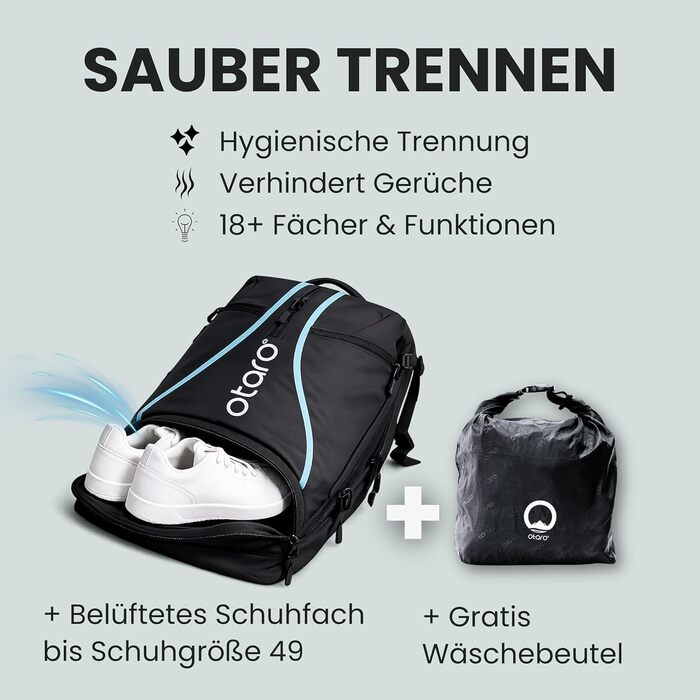 Рюкзак для тенісу Otaro з відділенням для взуття, ноутбука та термо-відділенням для ракеток, 42л, Чоловічий/Жіночий, з кишенями для води та м'ячів, з дощовиком та мішком для брудної білизни - Чорно-Синій
