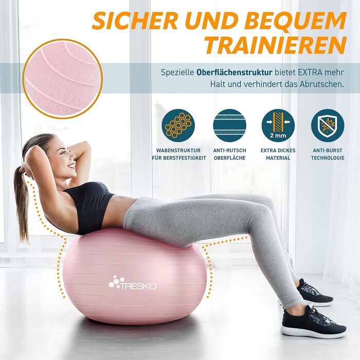 Гімнастичний м'яч TRESKO, BPA-free, з насосом, для фітнесу, йоги, вагітних, пілатесу, антивибуховий, до 300 кг