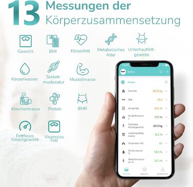 Вага Belko для вимірювання жиру в тілі Smart з Bluetooth® та додатком для вимірювання жиру, ІМТ, ваги, м'язової маси, води, білка, BMR та іншого, чорна