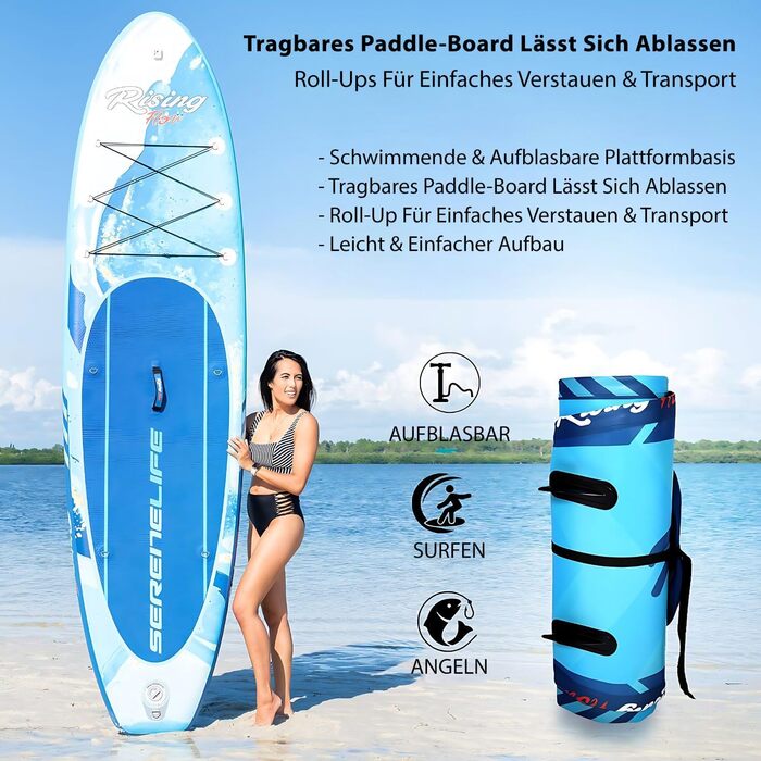 Надувна SUP-дошка SereneLife Blue Wave з аксесуарами – комплект для дітей і дорослих, антиковзке покриття, насос, весло, сумка для перенесення