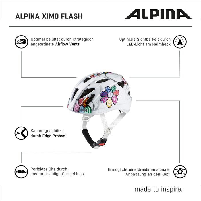 ALPINA XIMO Flash – дитячий велосипедний шолом з LED підсвіткою, відбивачами, легкий, регульований, для дітей, 49-54 см, квітковий принт, білий