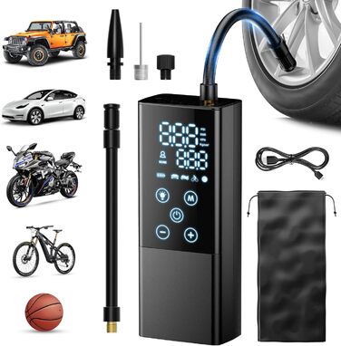 XJ-HOME GP2 Електричний насос-компресор 150 PSI з цифровим дисплеєм, акумулятором, функцією павербанку та ліхтариком для авто, мото, велосипедів і м'ячів