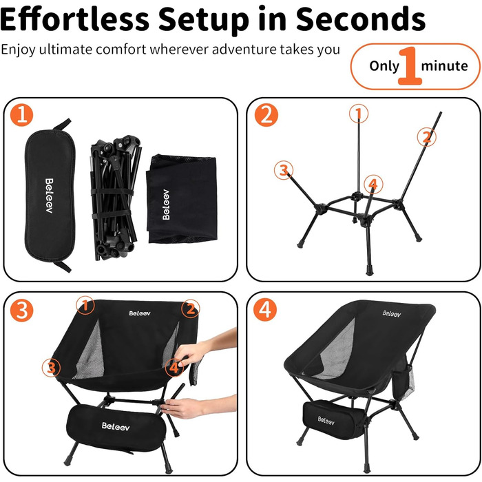 Зручний складаний стул для кемпінгу BeLeEv з 2 кишенями, легкий та компактний, для відпочинку на природі, риболовлі, фестивалів, трекінгу та пляжу