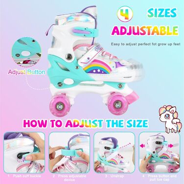 Дитячі ролики Kinder Quad Skates для дівчаток та хлопчиків, регульовані, райдужні з підсвічуванням, для дому та вулиці