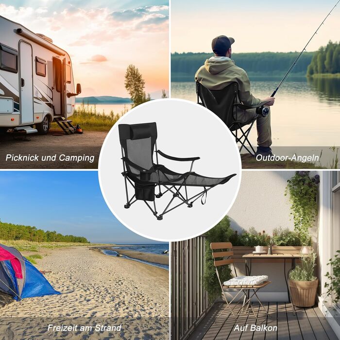 Складний стілець для кемпінгу eSituro, риболовний стілець, стілець для відпочинку на природі з підставкою для ніг та тримачем для напоїв, пляжний стілець з регульованою спинкою (Чорний)