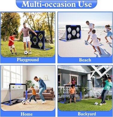 Дитячі ворота для футболу 2-в-1, 150 x 120 см, переносні та стабільні, з 5 цілями, 4 земляні кілочки та сумка, для саду, парку, пляжу (блакитні)