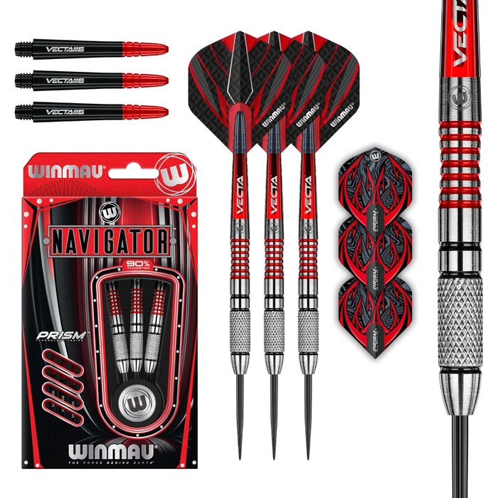 Дартс WINMAU Navigator 90% вольфрам, сталевий наконечник, комплект з оперенням та держателями
