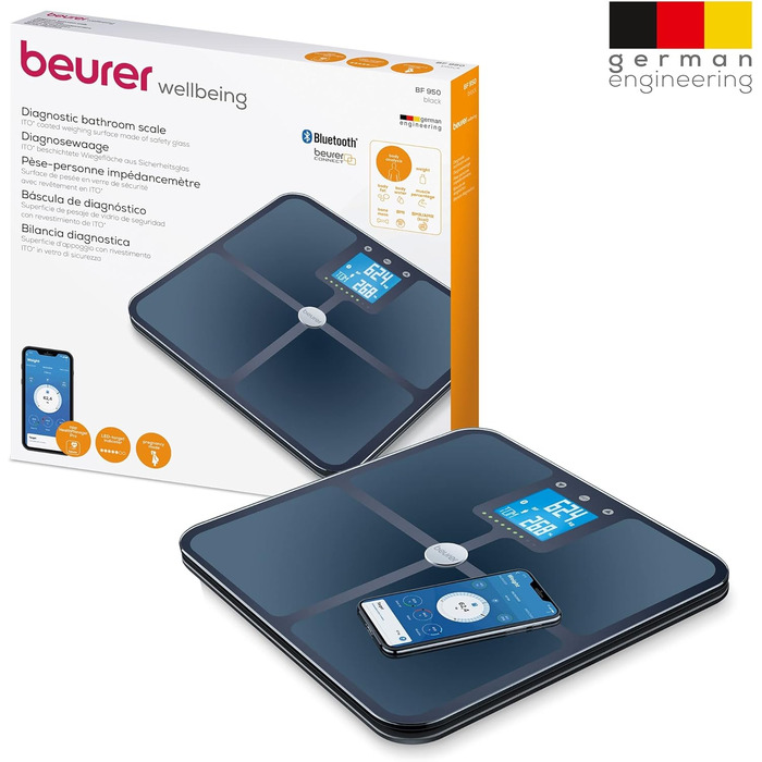 Діагностичні ваги Beurer BF 950 White з Bluetooth, вимірювання жиру, води, м'язів і кісткової маси, підрахунок калорій і BMI, додаток