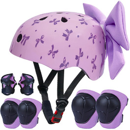 Дитячий шолом Kinder для дівчаток 8-14 років з повним захистом: наколінники та налокітники. Регульований шолом для ролера, велосипеда, скейтборда. Фіолетовий, 52-58 см