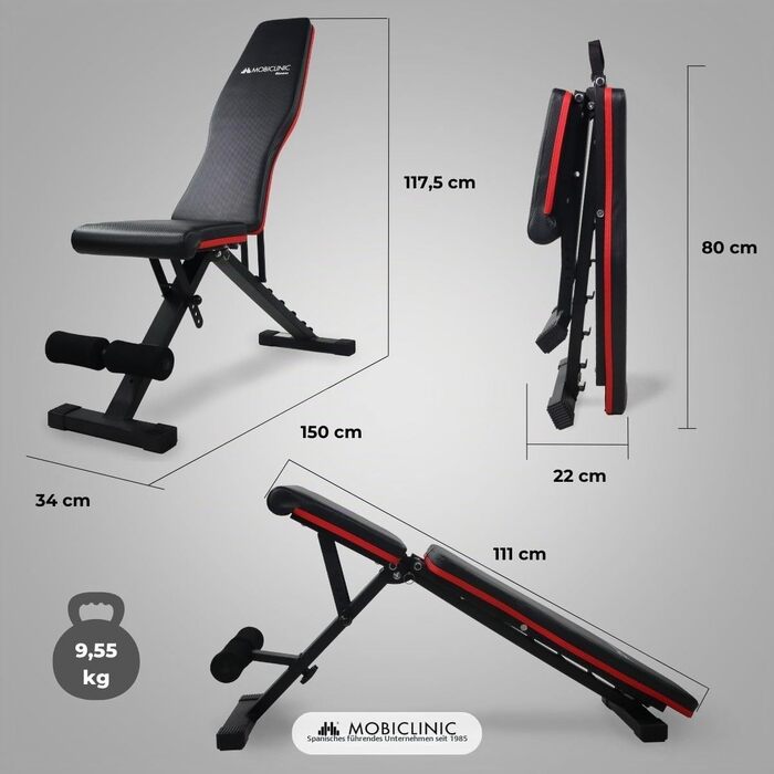 Багатофункціональна складана лава для гантелей Mobiclinic Flexfit, регульована спинка та сидіння, витримує до 120 кг, для тренувань вдома