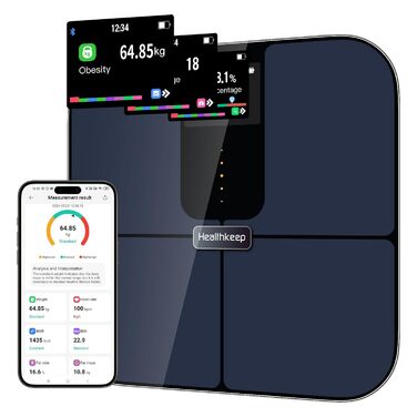 Розумні ваги Healthkeep з Bluetooth, TFT-дисплеєм, ITO, вимірюванням 25 параметрів тіла та пульсу, для Android і iOS, до 180 кг, сині