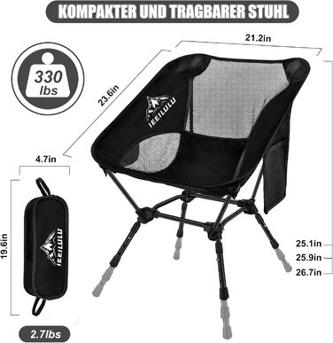 Складний туристичний стілець IEEILULU, 130 кг, чорний. Легкий стілець для кемпінгу, пікніка, риболовлі, відпочинку на природі та подорожей.