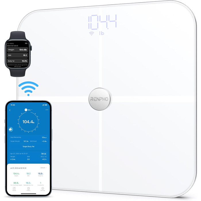 Розумна вага RENPHO WLAN з аналізом складу тіла, Bluetooth, вимірюванням жиру, м'язової маси, ІМТ, води, 13 показників, синхронізація з додатком, 280 мм, біла