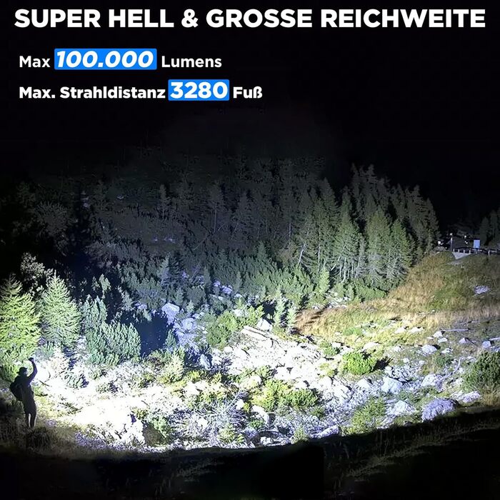 Тактичний ліхтарик Zeusfire LED, 2 шт., 100 000 люмен, 7 режимів, водонепроникний IPX7, для кемпінгу та туризму, чорний