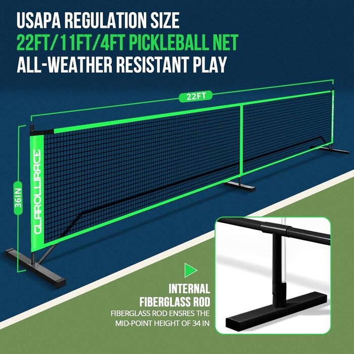 Набір для гри в піклбол 3-в-1 портативний, розмір 22x10x4 фути, сітка PE + металевий каркас, для будь-якої погоди та вітру, внутрішнє та зовнішнє використання, флуоресцентний зелений