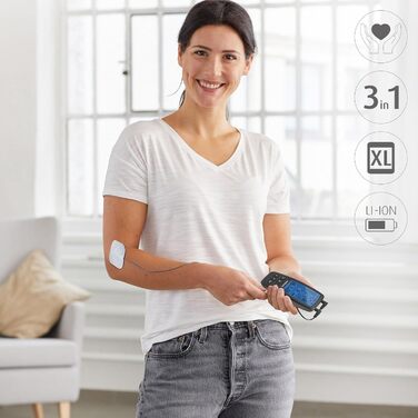 Medisana TT 205 TENS/EMS: електростимулятор для зняття болю та розслаблення м'язів. Комплект з 4 електродними подушечками. Тренувальний пристрій для нарощування м'язів.