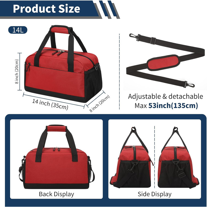 Спортивна сумка маленька з відділенням для мокрого - 35x20x20 см, ручна поклажа, міні-дуфл-сумка з кількома відділеннями для спорту, відпочинку, коротких подорожей (червона, 35 см)