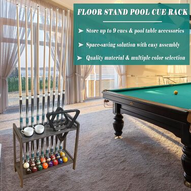 Підставка для київ для більярду на підлозі на 8 київ та аксесуари, дерев'яна підставка для київ, кутова підставка з гачками та лічильником очок