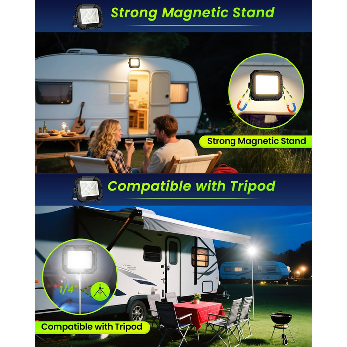 LED прожектор на акумуляторі CLV 200W, 20000mAh, IP66, вологостійкий, 4 режими, 2 рівні яскравості, USB, сонячна панель, для кемпінгу, будівництва, аварійне освітлення (чорний)