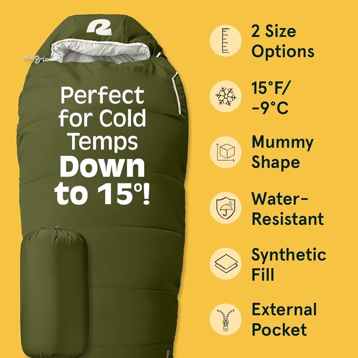 Спальний мішок Retrospec Dream 15°C, мумія, для кемпінгу, Regular (зелений)