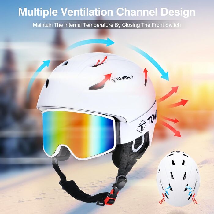 Шолом для сноуборду та лиж TOSHOO з візором та навушниками, вентиляційні отвори, міцний, теплий та дихаючий, для чоловіків (білий з маскою, L)