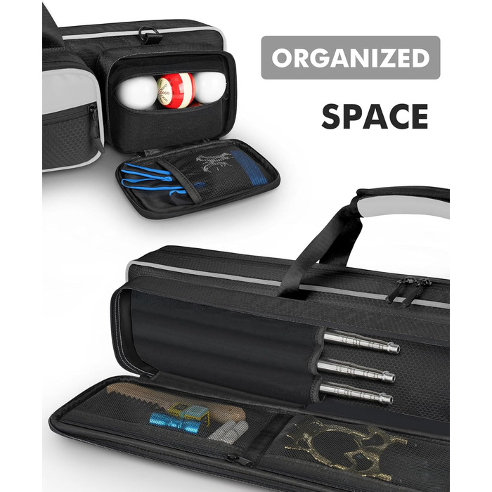 Чохол для більярдної кістки, 10 x 13 см, з кишенями, на 4 кістки, 5 аксесуарів, з підкладкою, м'який та міцний, з регульованими плечовими ременями для чоловіків та жінок (Чорний / Сірий)