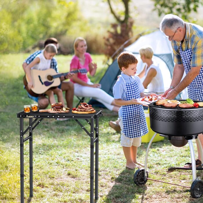 Стіл для кемпінгу Anbte Grilltisch 58x40 см, металевий, регульована висота (26/48/70 см), алюмінієвий каркас, чорний