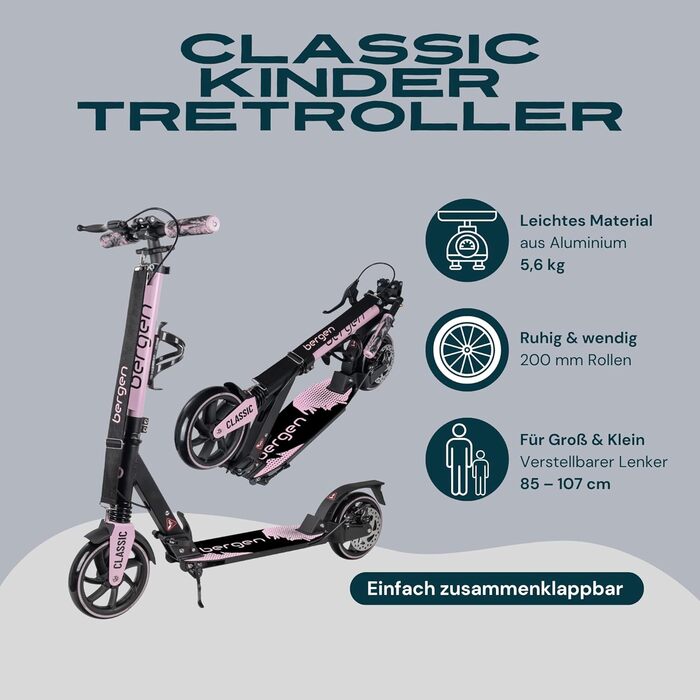 Самокат міський Bergen City Scooter Classic складаний - 200 мм колеса, дискове та ножне гальмо, 2 амортизатори, алюмінієвий, регульована висота, для дітей від 6 років та дорослих до 100 кг (Рожевий)