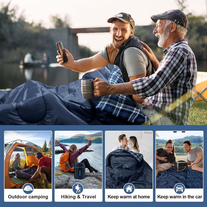 Спальний мішок для двох дорослих, 220x150 см, фланель, Navy, водонепроникний, для кемпінгу та подорожей