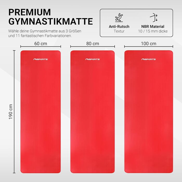 Гімнастичний килимок MSPORTS Premium 190x60x1,5 см, рубіново-червоний, без фталатів, з ременем для перенесення, постером вправ та додатком, антиалергенний фітнес-килимок для йоги