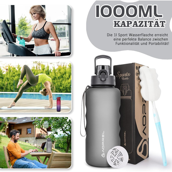 Спортивна пляшка для води AOPREL 1.5л з фільтром, Tritan BPA-free, герметична пляшка для фітнесу, походів та офісу (Сіра)