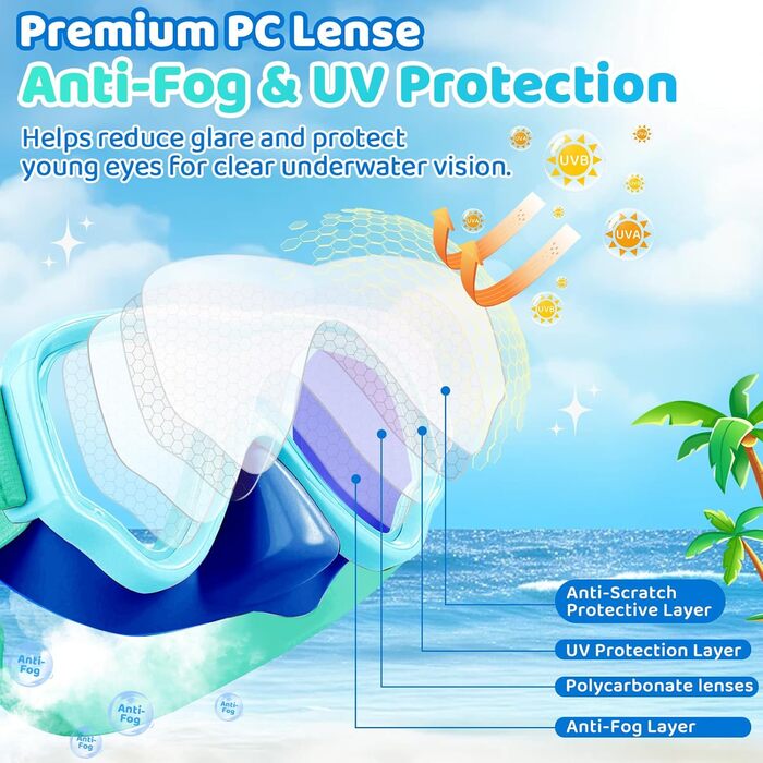 Дитячі маски для снорклінгу Vvinca з тканинним ремінцем, маски для плавання для дітей 3-14 років, хлопчиків та дівчаток, маска для дайвінгу 180° панорамний анти-затоплення (2-блакитний+зелений)