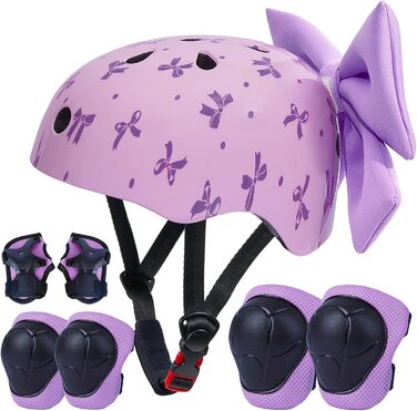 Дитячий шолом Kinder для дівчаток 8-14 років з повним захистом: наколінники та налокітники. Регульований шолом для ролера, велосипеда, скейтборда. Фіолетовий, 52-58 см