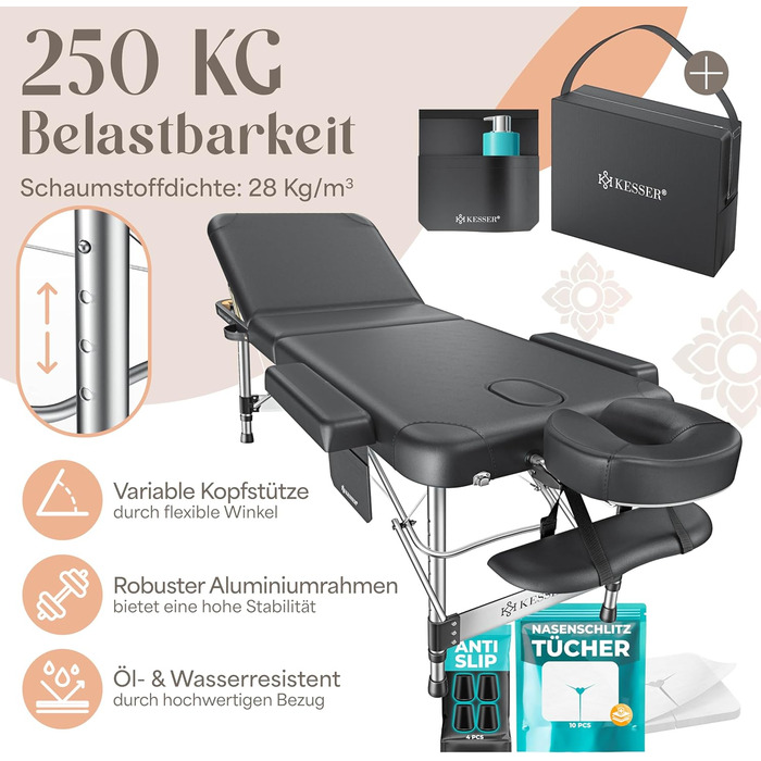 Масажне ліжко KESSER® з 3 зонами, до 250 кг, складане, регульоване, з аксесуарами (підголівник, підлокітники, сумка), антиковзне покриття, 61 см