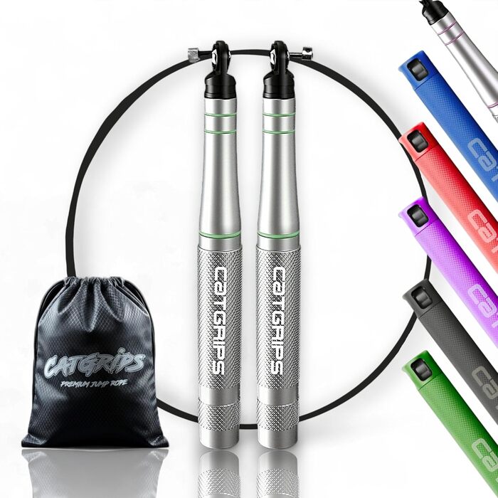 Стрибкове канат Crossfit CATGRIPS Springseil: алюмінієва ручка, сталеве ядро з підшипниками, легке та професійне для занять у спортзалі та боксі, з сумкою та запасними частинами, срібний