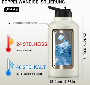 Термофляга WATERSY з нержавіючої сталі 1893 мл (40oz) з вакуумною ізоляцією та 2 кришками, герметична спортивна пляшка для води, бежева